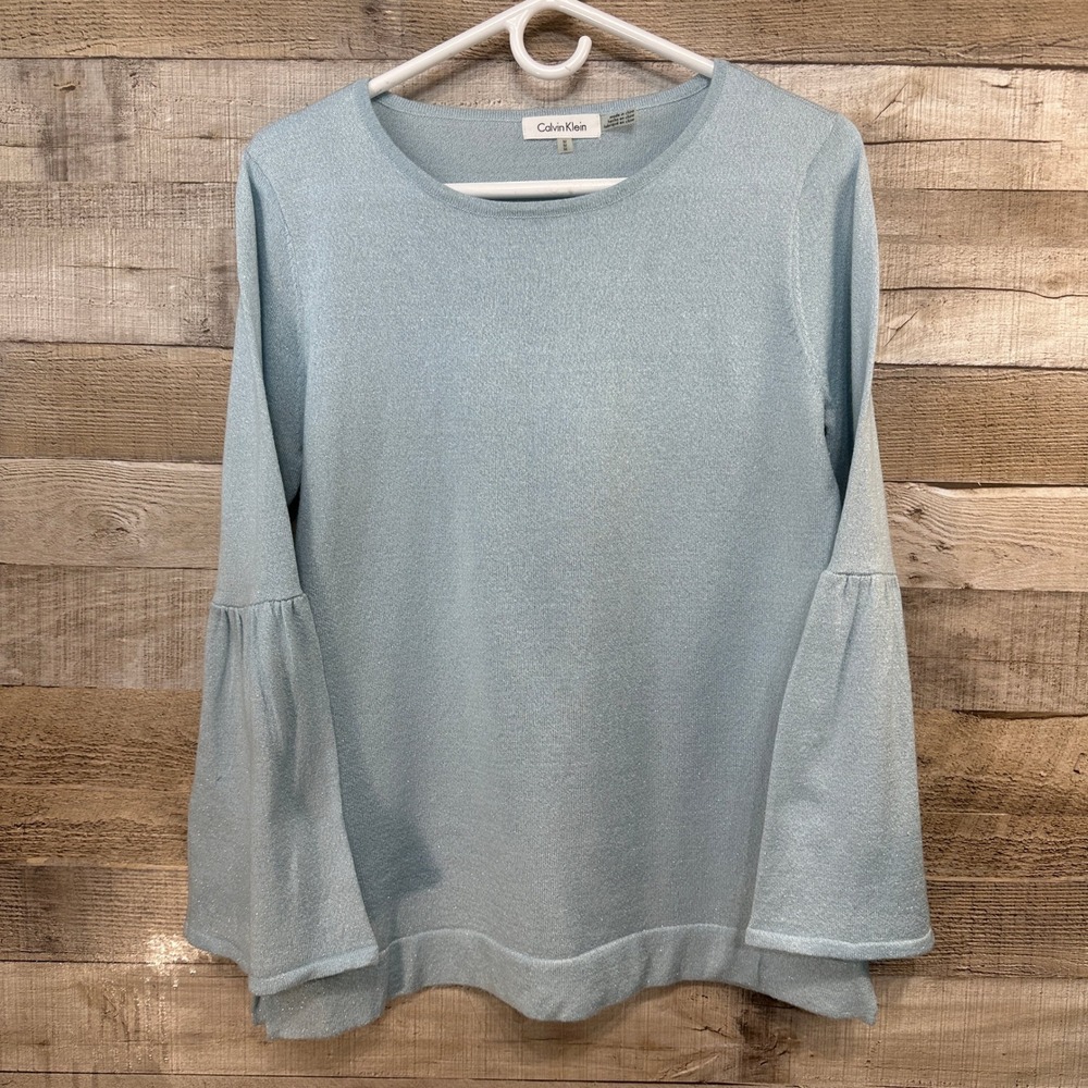 Calvin‎ Klein Women Pale Blue Metallic  Bell Sleeve Pullover Knit Sweater M